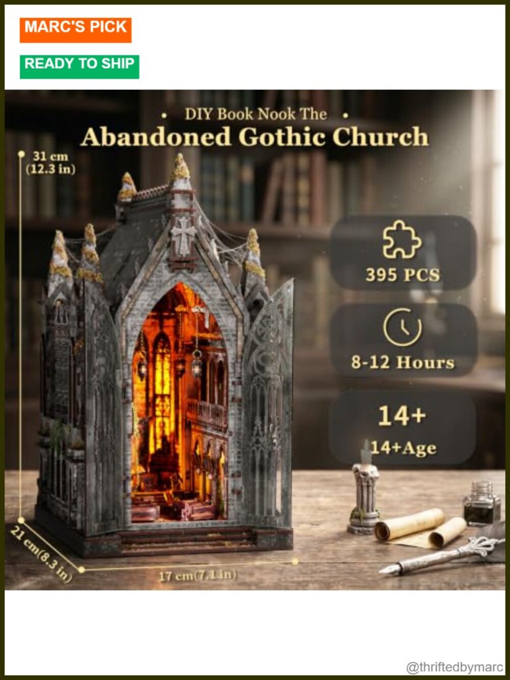 DIY Book Nook Kit - Abandoned Gothic Church Miniature Dollhouse with LED Lights View 5